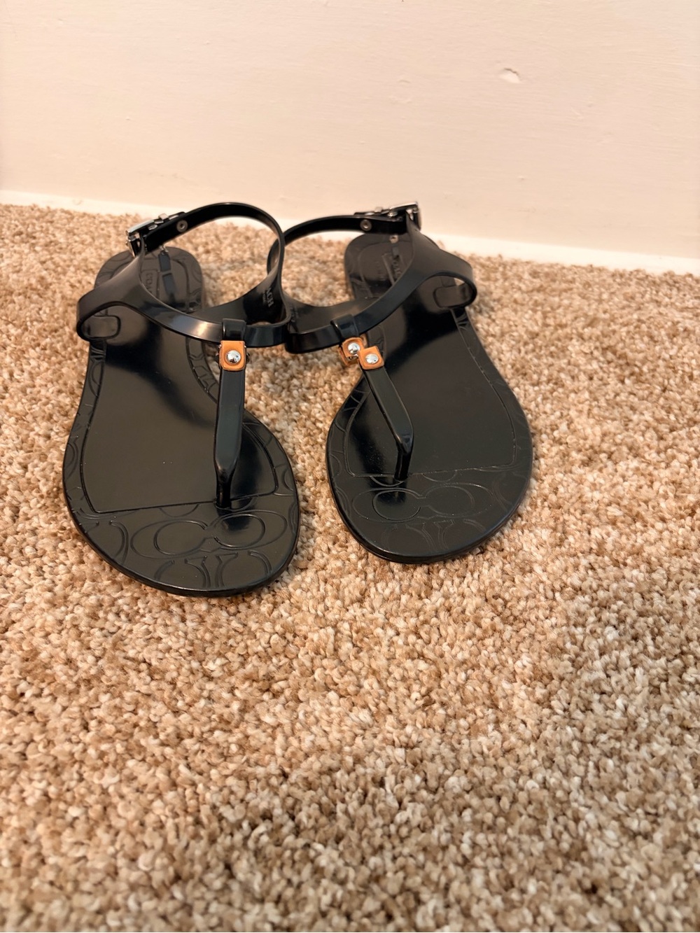 Coach Black Jelly T-Strap Sandals with Gold Accents